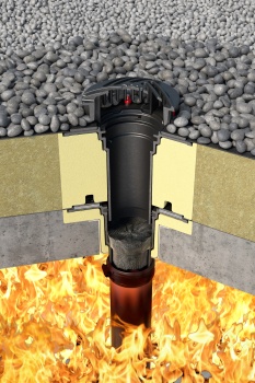 Schematische Darstellung eines verbauten Brandschutz-Dachablaufes ACO Passavant Spin mit aktiviertem Intumeszenzmaterial gegen Feuer von unten.