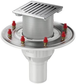Der neue Bodenablauf ACO Passavant Pure, hier mit Pressdichtungsflansch und Aufsatzstück zur konventionellen Abdichtung.