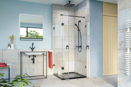In diesemn glassdouche Badezimmer-Vorschlag steht eine Dusche vom Typ 231 mit einem festen Seitenglas und zwei Türgläsern. Den entscheidenen Akzent setzen die ausdrucksstarken Design-Beschläge der Serie AUGUSTINA von glassdouche.