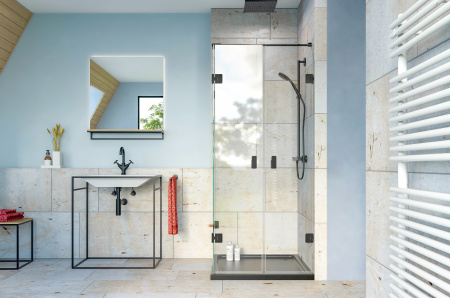 In diesemn glassdouche Badezimmer-Vorschlag steht eine Dusche vom Typ 231 mit einem festen Seitenglas und zwei Türgläsern. Den entscheidenen Akzent setzen die ausdrucksstarken Design-Beschläge der Serie AUGUSTINA von glassdouche.
