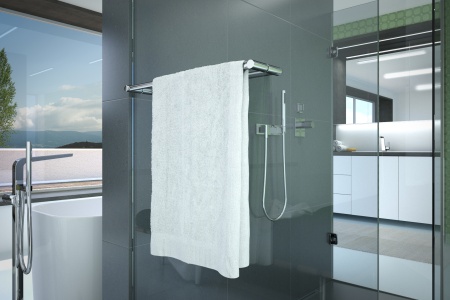 Die Handtuchstangen von glassdouche sind rückseitig flächenbündig und lassen sich außen oder – sinnvoll nur bei sehr großen Duschen – auch innen oder beidseitig montieren.