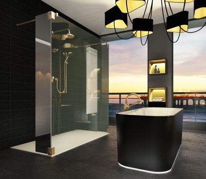 Walk-In-Duschkabine mit einer festen Frontscheibe, einem festen Seitenglas rechts und einem beweglichen Seitenglas links, Breite jeweils 30 cm.