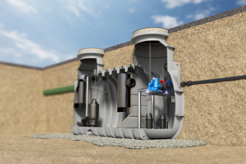 Die integrierte Pumpstation mit kombinierter Probenahmemöglichkeit dient zum Sammeln und automatischen Heben von Abwasser über die Rückstauebene – und somit auch zum Rückstauschutz.