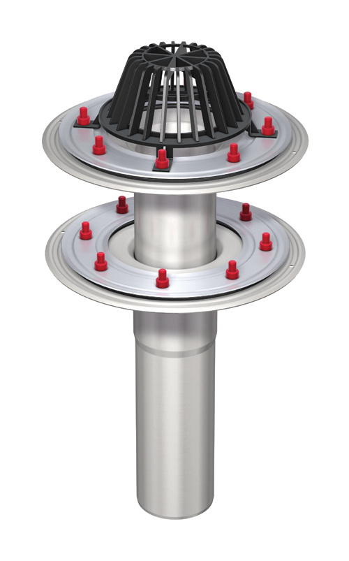 Zweiteiliger Flachdachablauf ACO Spin aus Edelstahl für Freispiegelentwässerung.