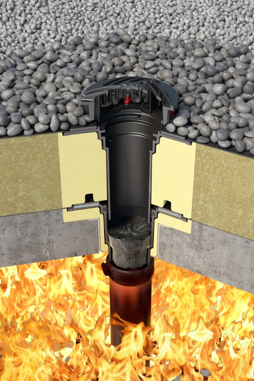 Schematische Darstellung eines verbauten Brandschutz-Dachablaufes ACO Passavant Spin mit aktiviertem Intumeszenzmaterial gegen Feuer von unten.