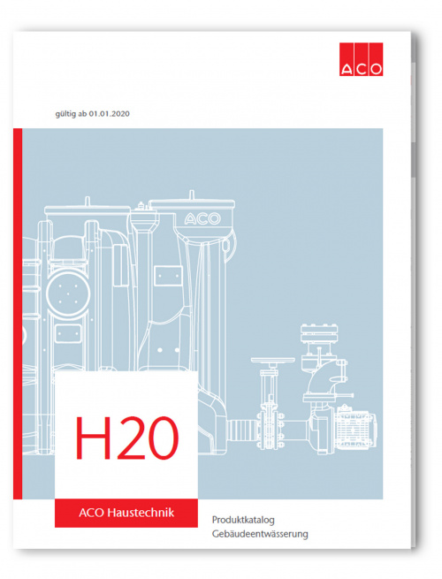 Der neue Produktkatalog H20 von ACO Haustechnik behandelt auf 424 Seiten u.a. die Bereiche Rinnen, Abläufe, Fettabscheider, Rückstauverschlüsse, Hebeanlagen und Pumpstationen.
