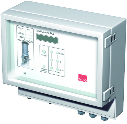 Die Steuerung (Einschalten, Ausschalten, Hochalarm, etc.) der Tauchpumpen in Pumpstationen erfolgt in der Regel durch das separat, in verschiedenen Ausführungen erhältliche Schaltgerät ACO MultiControl.