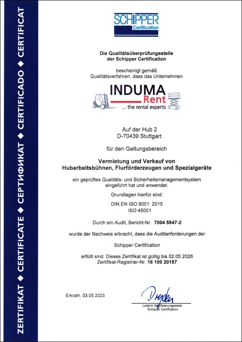 Eine branchenspezifische Zusatzzertifizierung für INDUMA-Rent auf der Grundlage von DIN EN ISO 9001:2015 / ISO 45001 ist bis Mai 2026 gültig.